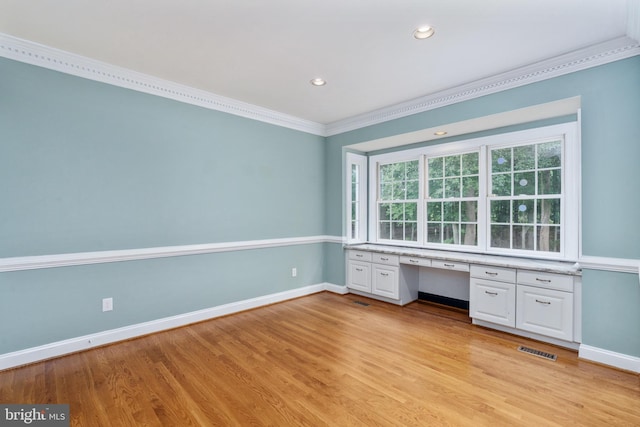 3910 Corbin Hall Ln, Fredericksburg, VA 22408 - unfurnished office with ornamental molding, baseboards, light wood finished floors, recessed lighting, and built in study area