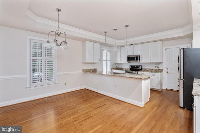 3910 Corbin Hall Ln, Fredericksburg, VA 22408 - kitchen with appliances with stainless steel finishes, a tray ceiling, crown molding, light wood finished floors, and white cabinets