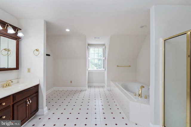 3910 Corbin Hall Ln, Fredericksburg, VA 22408 - bathroom featuring vanity, a bath, a shower stall, and baseboards