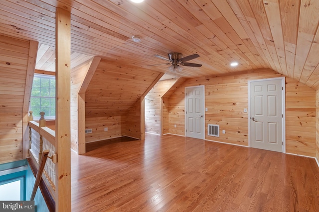3910 Corbin Hall Ln, Fredericksburg, VA 22408 - additional living space with wooden ceiling, wood walls, vaulted ceiling, ceiling fan, and wood finished floors