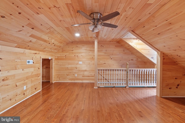 3910 Corbin Hall Ln, Fredericksburg, VA 22408 - additional living space with wood ceiling, vaulted ceiling, ceiling fan, wood walls, and light wood-style floors