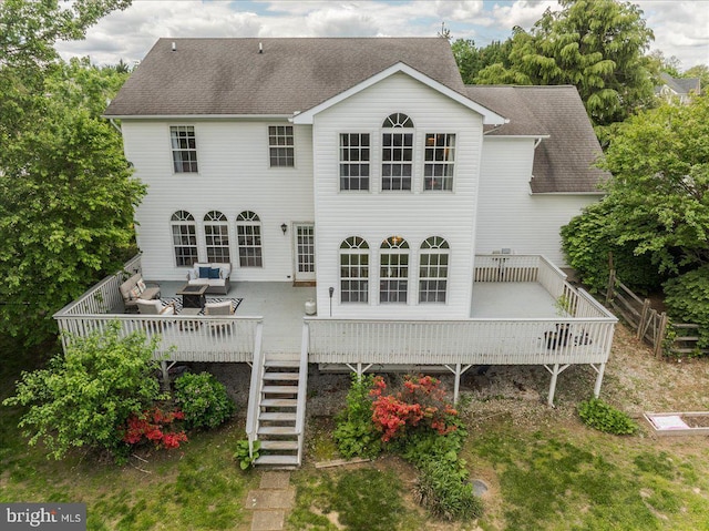 403 Joshua Ln, Middletown, DE 19709 - rear view of property featuring outdoor lounge area, a wooden deck, stairway, and a shingled roof