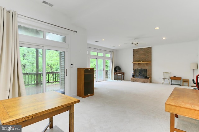 8265 Private Ln, Annandale, VA 22003 - carpeted living room featuring ceiling fan, a brick fireplace, and recessed lighting
