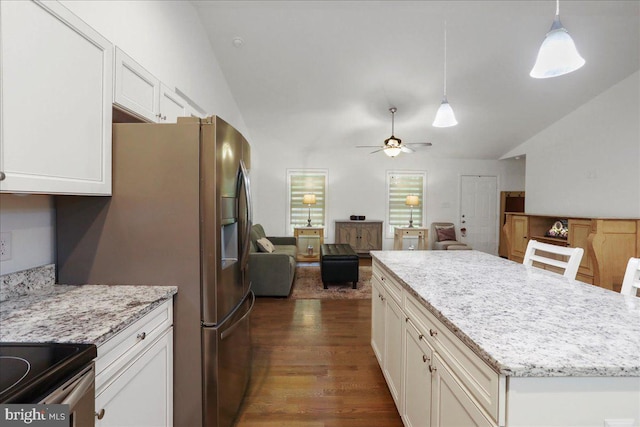 kitchen featuring lofted ceiling, open floor plan, white cabinets, ceiling fan, and dark wood-style flooring