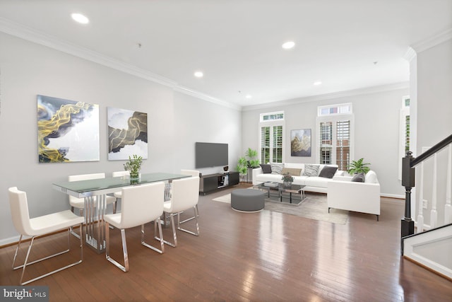 713 Norfolk Ln, Alexandria, VA 22314 - dining space featuring hardwood / wood-style floors, crown molding, recessed lighting, stairway, and baseboards