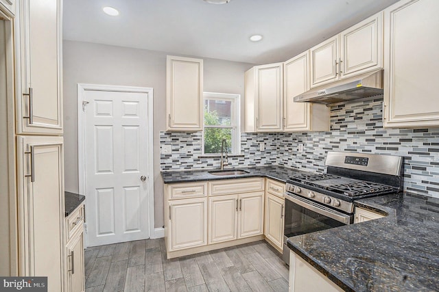 128 Linton St, Philadelphia, PA 19120 - kitchen featuring under cabinet range hood, a sink, stainless steel gas range oven, light wood finished floors, and decorative backsplash