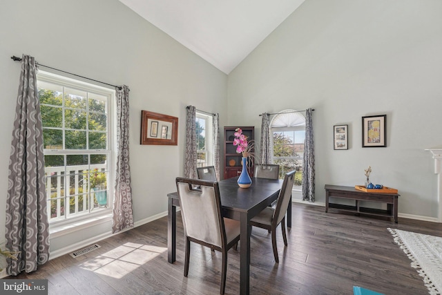 dining area featuring healthy amount of natural light, high vaulted ceiling, dark wood finished floors, and baseboards