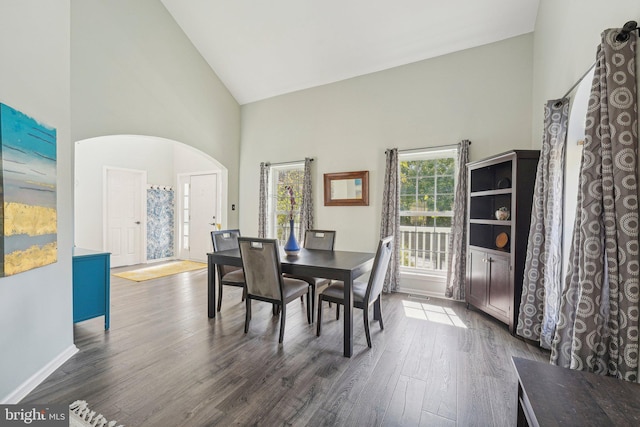 dining room featuring high vaulted ceiling, dark wood-type flooring, baseboards, and arched walkways