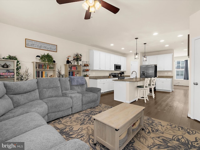 1026 Edenberry Way, Glen Burnie, MD 21060 - living room with ceiling fan, dark wood finished floors, and recessed lighting