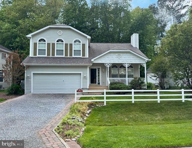 20 Links Ln, Ocean Pines, MD 21811 - view of front facade featuring driveway, covered porch, a garage, a chimney, and a shingled roof