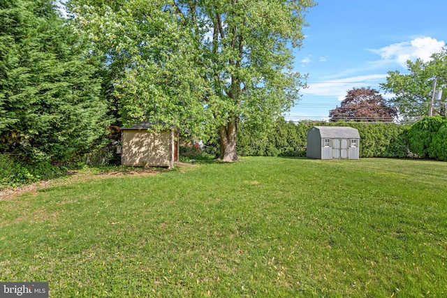 view of green lawn with a storage shed and an outbuilding