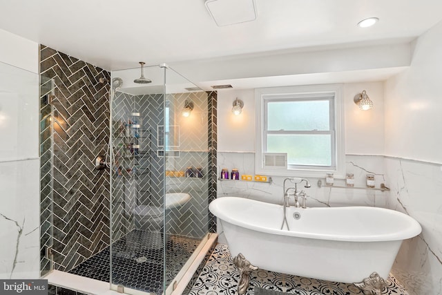 5 Neptune Ln, Willingboro, NJ 08046 - bathroom featuring tile walls, a freestanding tub, a stall shower, recessed lighting, and a wainscoted wall