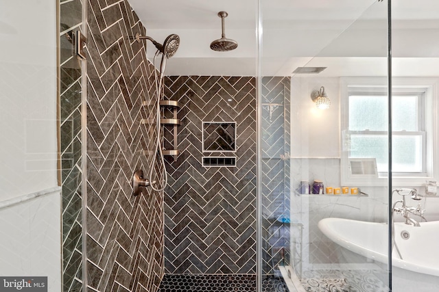 5 Neptune Ln, Willingboro, NJ 08046 - full bathroom featuring a shower stall, tile walls, and a freestanding bath