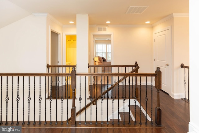 41259 Gloucester Dr, Rehoboth Beach, DE 19971 - hall with an upstairs landing, wood finished floors, crown molding, recessed lighting, and baseboards