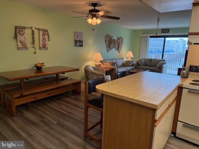 72nd St Unit 35, Ocean City, MD 21842 - kitchen with white range with electric stovetop, wood finished floors, light countertops, a peninsula, and open floor plan