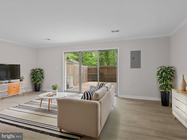 living area featuring electric panel, crown molding, light wood finished floors, and baseboards