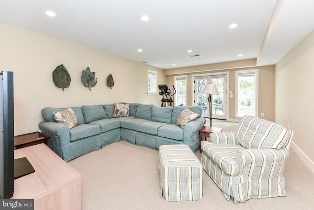 1435 Hunter View Farms, Vienna, VA 22182 - living room with light carpet, recessed lighting, and baseboards