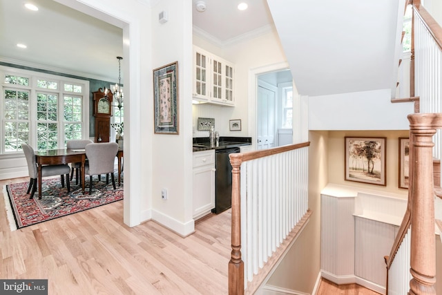 1435 Hunter View Farms, Vienna, VA 22182 - hallway featuring crown molding, light wood-type flooring, baseboards, and recessed lighting