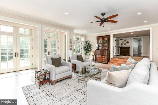1435 Hunter View Farms, Vienna, VA 22182 - living room with french doors, ornamental molding, recessed lighting, light wood-style flooring, and ceiling fan