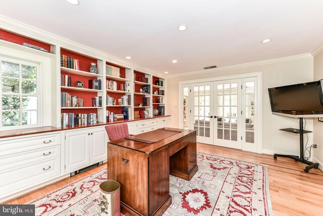 1435 Hunter View Farms, Vienna, VA 22182 - home office featuring crown molding, french doors, light wood-style flooring, recessed lighting, and baseboards