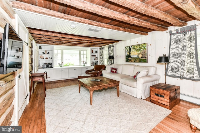1435 Hunter View Farms, Vienna, VA 22182 - living room with hardwood / wood-style floors, wooden ceiling with exposed beams, and a baseboard radiator
