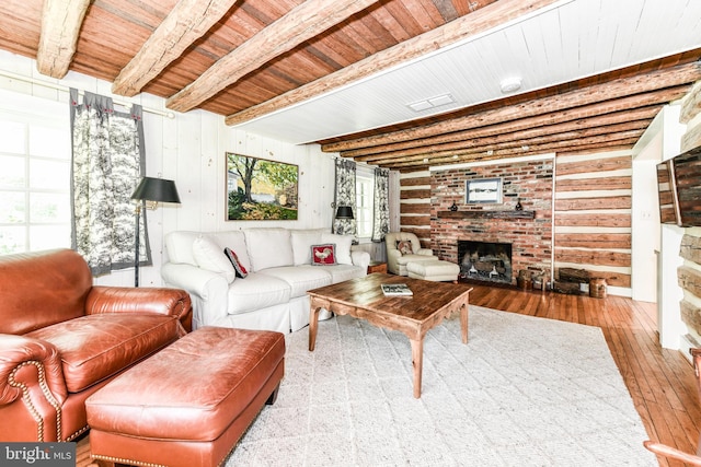 1435 Hunter View Farms, Vienna, VA 22182 - living area with a fireplace, wood-type flooring, wooden ceiling with exposed beams, and wooden walls