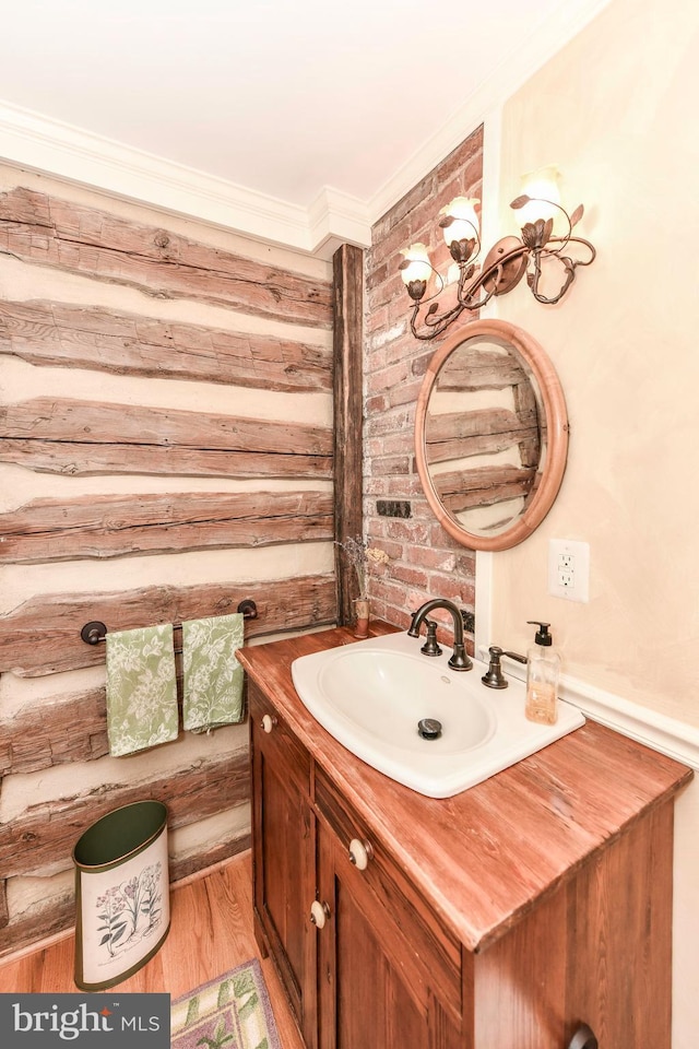 1435 Hunter View Farms, Vienna, VA 22182 - bathroom with vanity, wood finished floors, and ornamental molding
