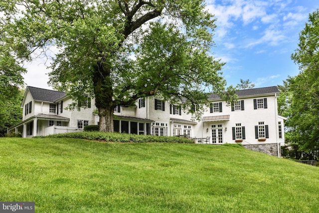 1435 Hunter View Farms, Vienna, VA 22182 - rear view of house featuring french doors, a lawn, and stucco siding