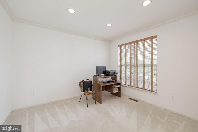 carpeted home office with crown molding, recessed lighting, and baseboards