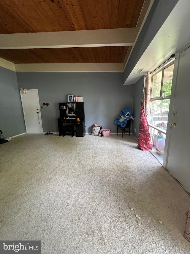 playroom featuring carpet flooring and wooden ceiling