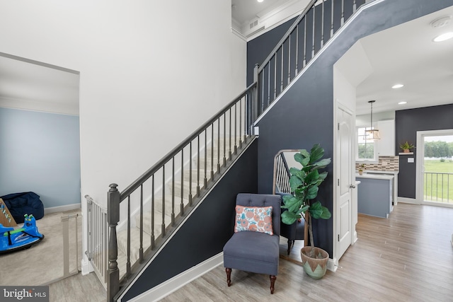 220 Ladysmith Dr, Stephens City, VA 22655 - stairs featuring wood finished floors, recessed lighting, baseboards, and a high ceiling