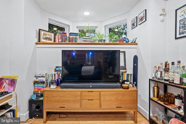 living area featuring wood finished floors and baseboards
