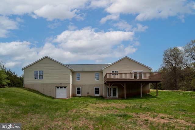 11490 Tilia Ln, Bealeton, VA 22712 - back of house featuring french doors, a wooden deck, a lawn, and an attached garage