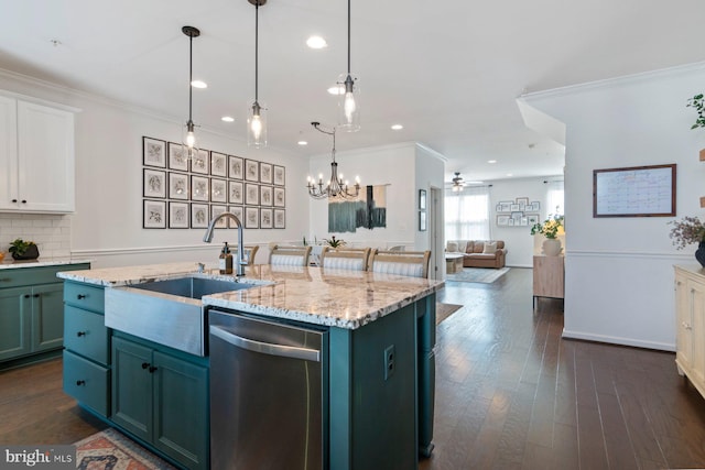 kitchen featuring stainless steel dishwasher, white cabinetry, open floor plan, dark wood-type flooring, and a kitchen island with sink