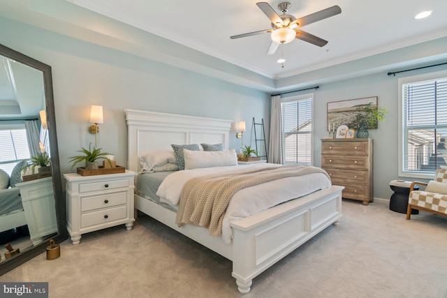bedroom with light colored carpet, multiple windows, crown molding, recessed lighting, and ceiling fan