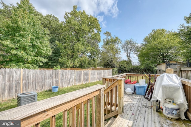 deck featuring central air condition unit and a fenced backyard