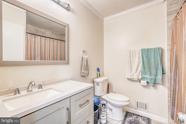 bathroom with ornamental molding, vanity, toilet, baseboards, and a shower with shower curtain