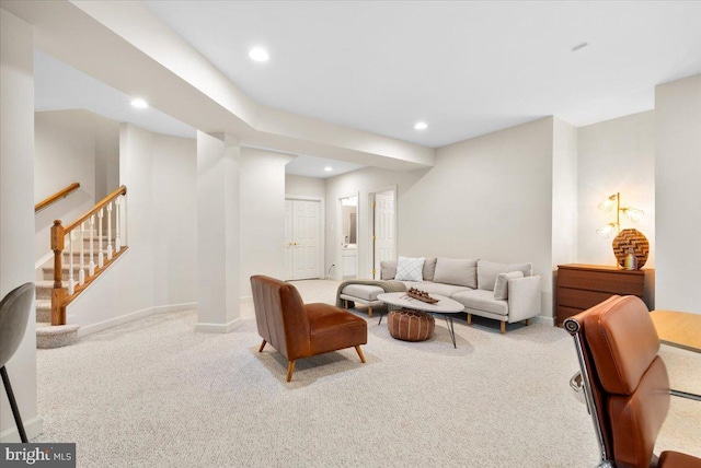 3747 Spicebush Dr, Frederick, MD 21704 - carpeted living area featuring recessed lighting, baseboards, and stairs