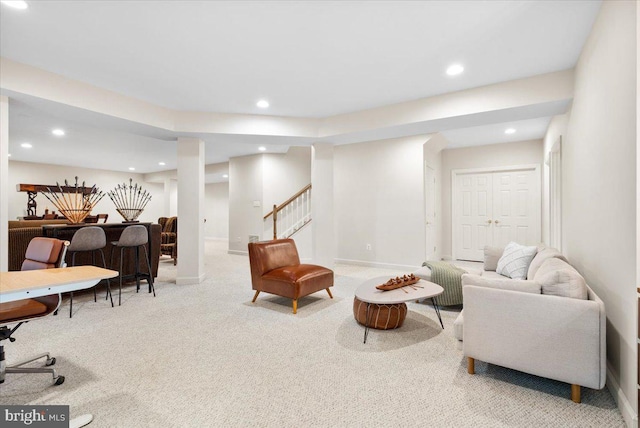 3747 Spicebush Dr, Frederick, MD 21704 - carpeted living room featuring stairs, recessed lighting, and baseboards