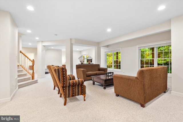 3747 Spicebush Dr, Frederick, MD 21704 - living area with light carpet, stairway, recessed lighting, and baseboards