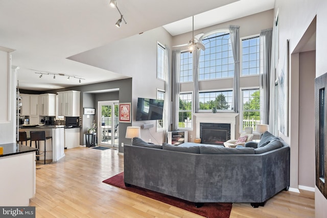 22 Sawgrass Dr, Mount Holly, NJ 08060 - living room with rail lighting, a glass covered fireplace, light wood-style flooring, baseboards, and a towering ceiling