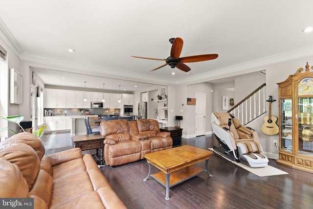 living area featuring ceiling fan, dark wood-type flooring, stairs, recessed lighting, and baseboards