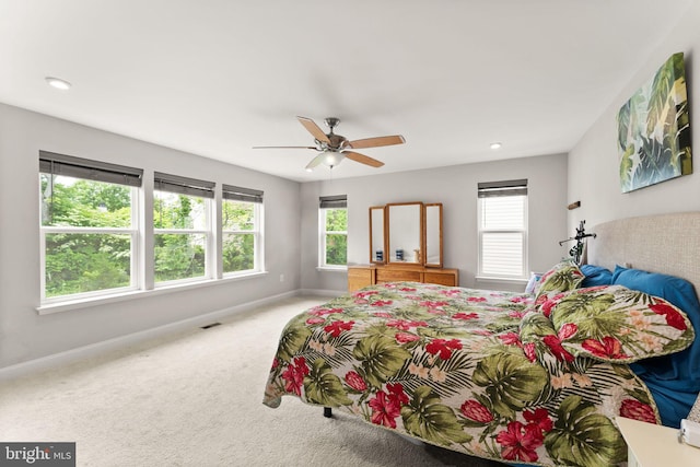 carpeted bedroom with baseboards, recessed lighting, and ceiling fan
