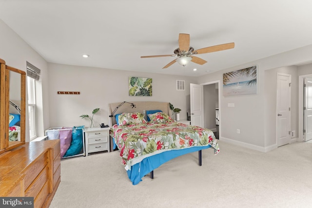carpeted bedroom with baseboards, recessed lighting, and ceiling fan
