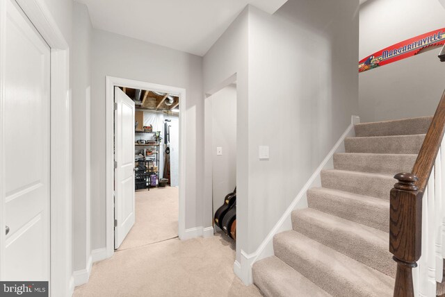 staircase with carpet and baseboards