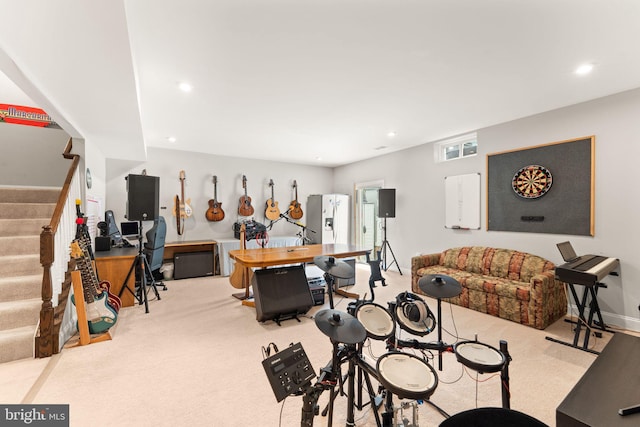living room with carpet, stairs, and recessed lighting