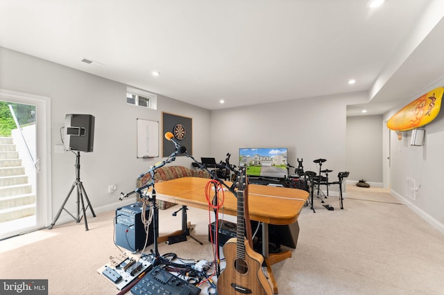 playroom with light colored carpet, recessed lighting, and baseboards