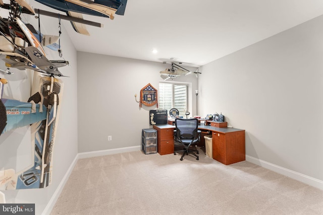 office featuring light carpet, baseboards, and recessed lighting