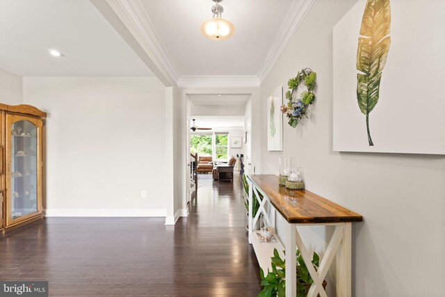 hallway with dark wood-type flooring, crown molding, baseboards, and recessed lighting