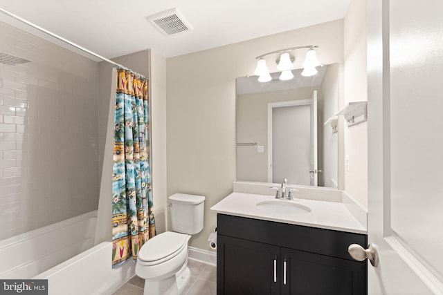bathroom featuring tile patterned flooring, toilet, shower / tub combo with curtain, and vanity